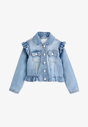 Lyseblå denimjakke med knapper foran, brystlommer og flæsedetaljer på skuldre og kant, lange ærmer og krave.