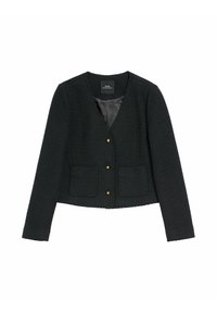 Czarna krótka kurtka z teksturowanej tkaniny, dekoltem w serek, złotymi guzikami i dwoma przednimi kieszeniami. Gładka podszewka i dopasowany krój.