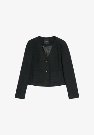 Czarna krótka kurtka z teksturowanej tkaniny, dekoltem w serek, złotymi guzikami i dwoma przednimi kieszeniami. Gładka podszewka i dopasowany krój.