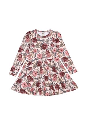 Langärmliges Kleid aus weichem Stoff mit floralem Muster in rosa, maroon und grünen Farbtönen auf hellen Hintergrund. Weit schwingender Rock.