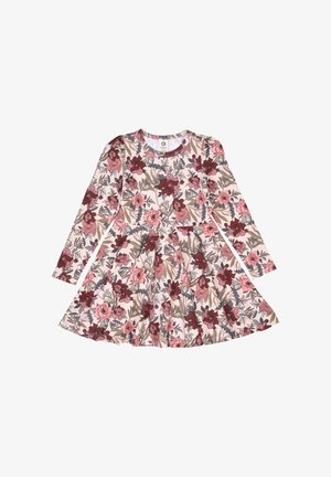 Mekko pitkähihaisilla, pehmeästä kankaasta, jossa on kukkakuvio vaalealla taustalla, jossa pinkkiä, maroonia ja vihreää. Laakereinen hameen muoto.