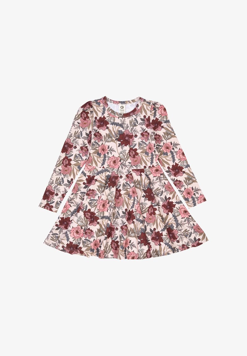 Mekko pitkähihaisilla, pehmeästä kankaasta, jossa on kukkakuvio vaalealla taustalla, jossa pinkkiä, maroonia ja vihreää. Laakereinen hameen muoto.