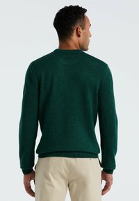 Mann mit kurzen lockigen Haaren, der einen dunkelgrünen langärmligen Pullover und beige Hosen trägt und mit dem Rücken zu einem schlichten Hintergrund steht.