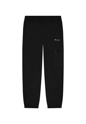 Pantaloni jogger neri con vita elasticizzata, dotati di tasca laterale con zip e logo Champion bianco sulla coscia destra.