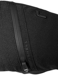 Black fabric pouch with two horizontal zippers, featuring a smooth texture and subtle logo detail embossed into the material.