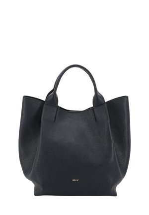 Black leather tote bag with two handles and small gold "abro" logo centered near the bottom front.