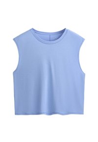 Ärmlös crop top i ljusblått tyg, med rund halsringning, slät textur och rena kanter, designad för en avslappnad passform.