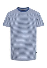 Gestreiftes T-Shirt mit blauen und weißen horizontalen Streifen. Aus weichem Stoff, mit Rundhalsausschnitt und kurzen Ärmeln. Etikett an der unteren linken Ecke.