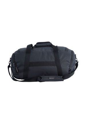 Black soft fabric duffel bag with multiple zippered compartments, dual carrying handles, and an adjustable shoulder strap with padded section.
