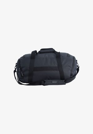 Schwarze, weiche Stoff-Reisetasche mit mehreren Reißverschlussfächern, doppelte Tragegriffe und verstellbarem Schultergurt mit gepolstertem Abschnitt.