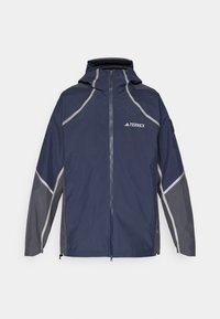 Navy waterproof jacket with grey accents, adjustable hood, full front zipper, and logo on the chest. Features sleek, sporty design.