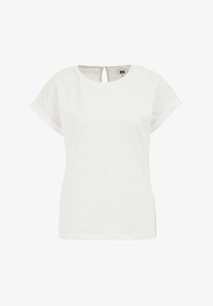 Biele bavlnené tričko s okrúhlym výstrihom, krátkymi zrolovanými rukávmi a detailom v tvare kľúčovej dierky na zadnej strane. Hladká textúra, pravidelný strih.