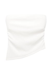 Haut sans manches blanc avec un tissu texturé, présentant un design asymétrique et des détails froncés d'un côté.