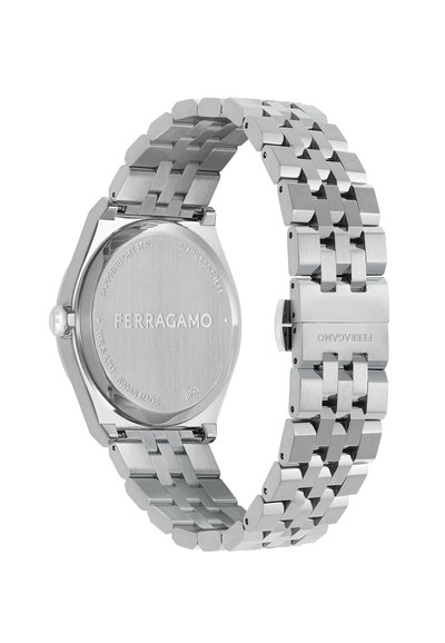 Edelstahlarmbanduhr mit sechseckigem Ziffernblatt, einem silbernen Armband und einer glatten Oberfläche. Die Rückgravur enthält "Ferragamo" und technische Spezifikationen.