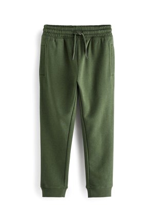 Pantalon de survêtement vert foncé avec taille élastique, cordon, poches latérales et chevilles resserrées sur fond blanc.
