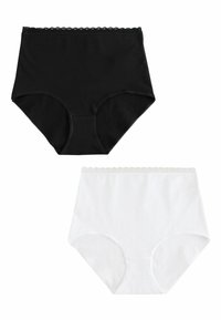 Augsta vidukļa apakšveļas komplekts melnā un baltā kokvilnā ar mežģīņu apdari jostas vietā un gludu, elastīgu tekstūru.