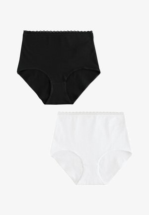 Culottes noires taille haute en tissu doux, avec une délicate bordure en dentelle le long de la ceinture et une texture lisse.
