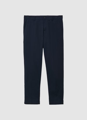 Chinos bleu marine en coton léger avec une coupe droite, dotés de poches latérales et d'une fermeture à bouton à la taille.