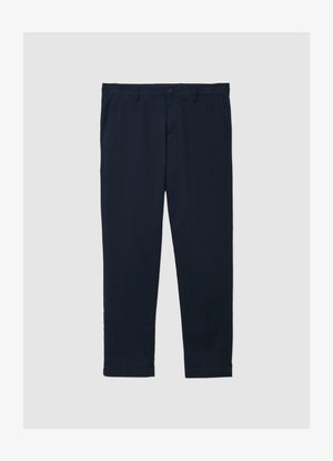 Pantaloni chinos blu navy in cotone leggero con vestibilità dritta, dotati di tasche laterali e chiusura con bottone in vita.