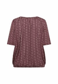 Top a maniche corte color bordeaux con un motivo geometrico crema, caratterizzato da un orlo posteriore arricciato per una vestibilità rilassata e una superficie liscia.