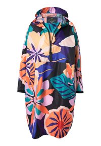 Colorful rain poncho in lightweight fabric, featuring large floral patterns in orange, pink, green, and purple on a black background.