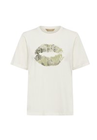 Bílý bavlněný tričko s nazelenalým otiskem pusy na přední straně. Krátké rukávy a kulatý límec. Volný střih, měkká textura.