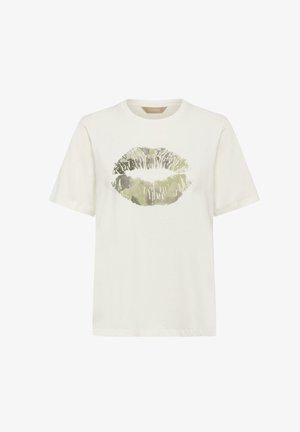 White cotton t-shirt featuring a greenish kiss print on the front. Short sleeves and a rounded collar. Casual fit, soft texture.
