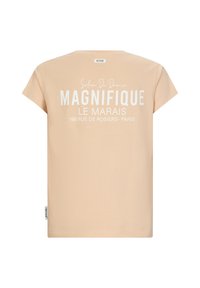 Koszulka bawełniana w kolorze brzoskwiniowym z krótkimi rękawami. Zawiera biały napis: "MAGNIFIQUE LE MARAIS" oraz małą metkę na bocznym szwie.