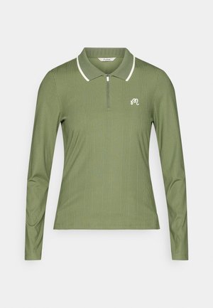 Olivově zelená polokošile s dlouhým rukávem, s límečkem na zip, žebrovanou texturou a bílými akcentními pruhy; má malé logo na hrudi.
