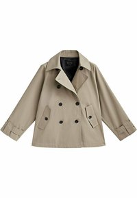 Beige kaksirivinen trenssitakki, jossa leveä kaulus, kuusi mustaa nappia, sivutaskut läpillä ja säädettävät hihansuut.