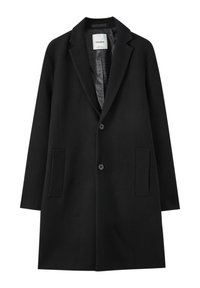 Cappotto di lana nera con rever a punta, due tasche frontali e due bottoni. Texture liscia e design fino al ginocchio, completamente foderato all'interno.