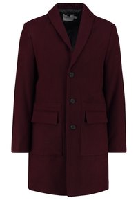 Bordeauxroter Wollmischmantel mit Reverskragen, Ein-Knopf-Verschluss, zwei Fronttaschen und geradem Schnitt. Glatte Textur und maßgeschneidertes Design.