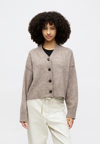 Ruda vilna kardiganas su V formos iškirpte, įglebtais rankogaliais ir ilgomis rankovėmis. Priekyje yra penki juodi mygtukai ir laisvas, trumpintas siluetas.