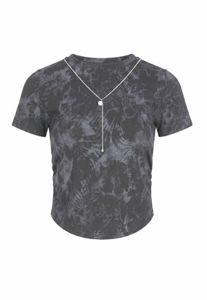 Short-sleeve, black and gray tie-dye t-shirt with a silver Y-shaped necklace featuring a small round pendant at the center front.
