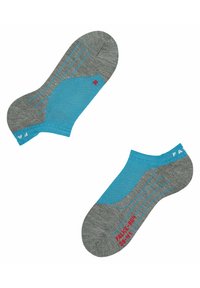 Graue Knöchelsocken mit blauen Akzenten, versehen mit geripptem Design und bedruckten Elementen. Für Komfort ausgelegt, mit Kennzeichnung für links und rechts.