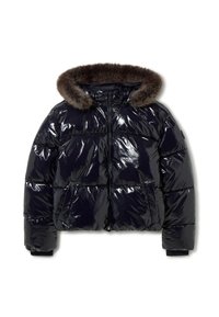 Chaqueta de plumas azul marino con un acabado brillante y acolchado, que cuenta con una capucha desmontable de piel sintética marrón y puños elásticos. Cierre frontal con cremallera y bolsillos.