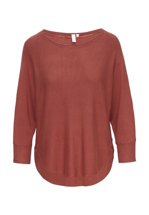 Sweter w kolorze rdzy z okrągłym dekoltem, rękawami o długości 3/4 oraz bocznymi kieszeniami. Wykonany z miękkiego, teksturowanego materiału dzianinowego.