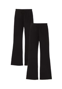 Fekete, bővülő leggings puha, rugalmas anyagból, elasztikus derékkal, sima textúrával és egyszerű dizájnnal.