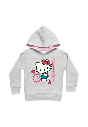 Hellgrauer Kinder-Hoodie mit pinkem Futter, mit Hello-Kitty-Cartoon, pinkem japanischem Text und kleinen roten Äpfeln auf der Vorderseite.