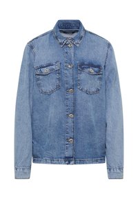 Lichtblauwe denimjacket met lange mouwen, knoopsluiting aan de voorkant, kraag en twee gesloten borstzakken.