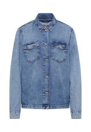 Veste en denim bleu clair avec des manches longues, un devant à boutons, un col et deux poches poitrine à boutons.