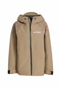 Beige waterproof jacket with a hood, zip closure, and textured shoulder accents. Features adjustable cuffs and logo on the chest.
