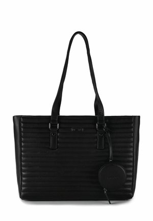 Schwarze Tragetasche mit gerippter Textur, aus Leder, zwei robusten Griffen und einem runden abnehmbaren Münzbeutel, der mit einem Riemen befestigt ist.