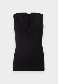 Top nero senza maniche con scollo a V e dettaglio arricciato sul petto. Realizzato in tessuto morbido con una vestibilità sartoriale.