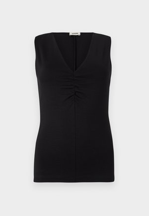 Haut sans manches noir avec un col en V et un détail froncé au niveau de la poitrine. Confectionné en tissu lisse avec une coupe ajustée.