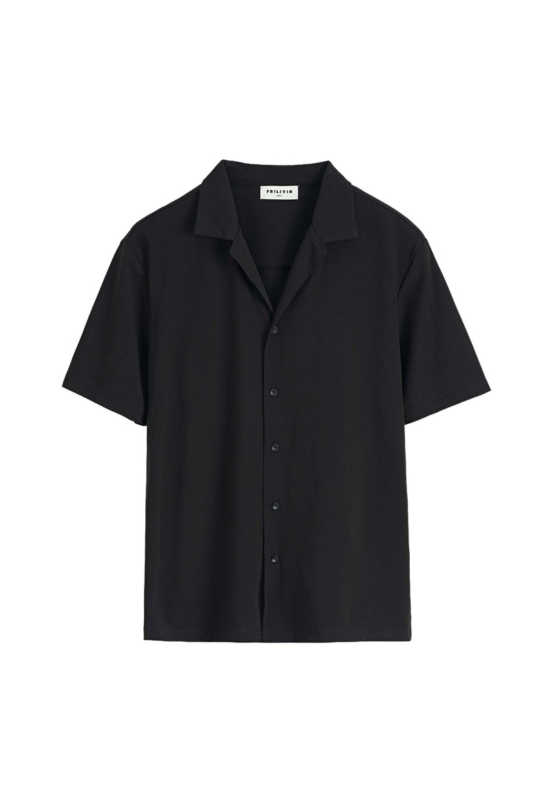 Chemise noire à manches courtes avec col, affichée à plat avec cinq boutons visibles sur le devant et une étiquette de marque à l'intérieur du col.