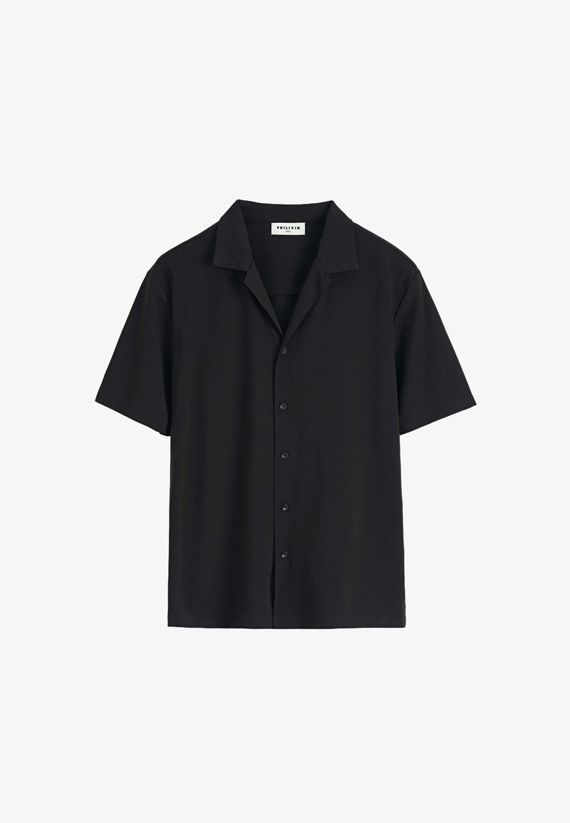 Chemise noire à manches courtes avec col, affichée à plat avec cinq boutons visibles sur le devant et une étiquette de marque à l'intérieur du col.