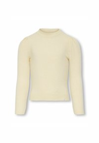 Maglione a maniche lunghe di colore crema, lavorato a maglia, con collo a finta imbottitura a coste, spalle a palloncino e orlo e polsini a coste, esposto su uno sfondo bianco.