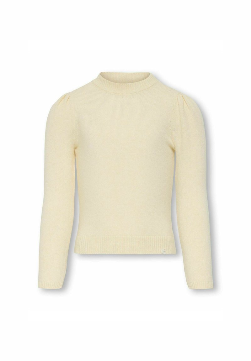 Maglione a maniche lunghe di colore crema, lavorato a maglia, con collo a finta imbottitura a coste, spalle a palloncino e orlo e polsini a coste, esposto su uno sfondo bianco.