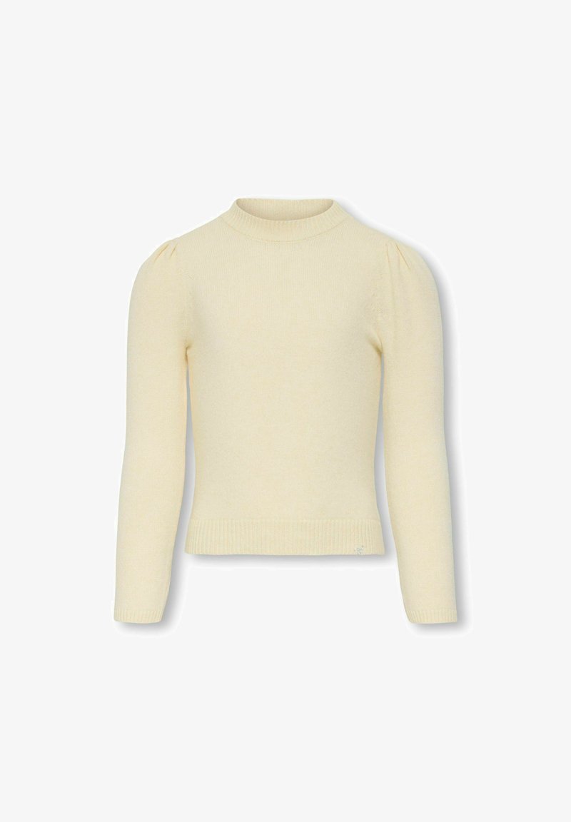 Maglione a maniche lunghe di colore crema, lavorato a maglia, con collo a finta imbottitura a coste, spalle a palloncino e orlo e polsini a coste, esposto su uno sfondo bianco.